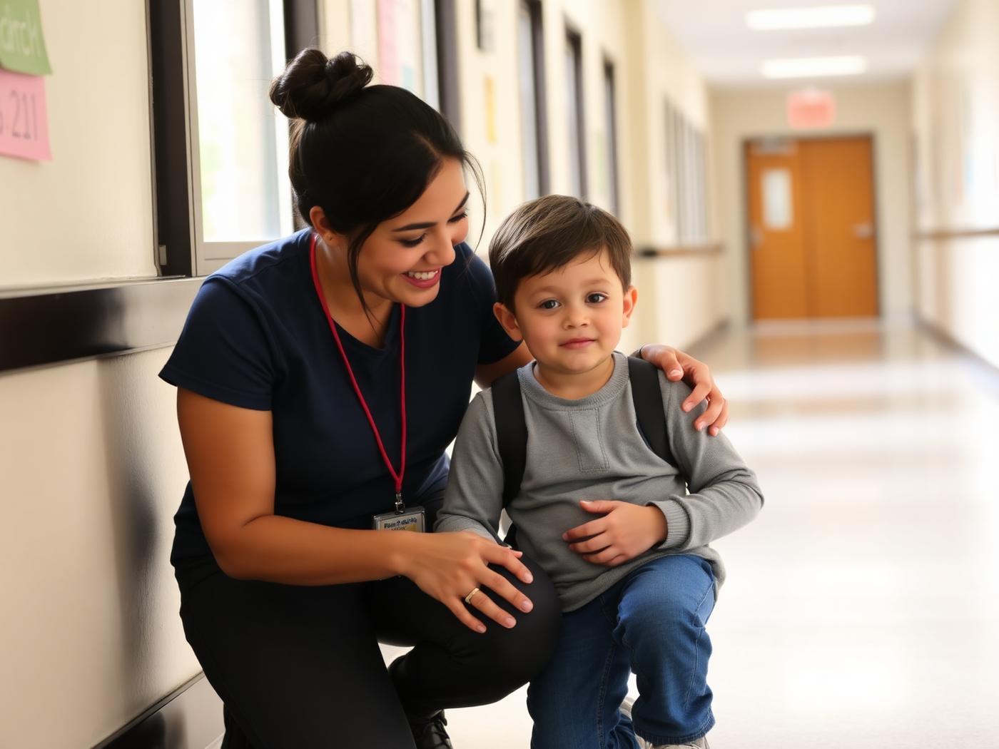 A school support professional encouraging a young student in a school hallway
