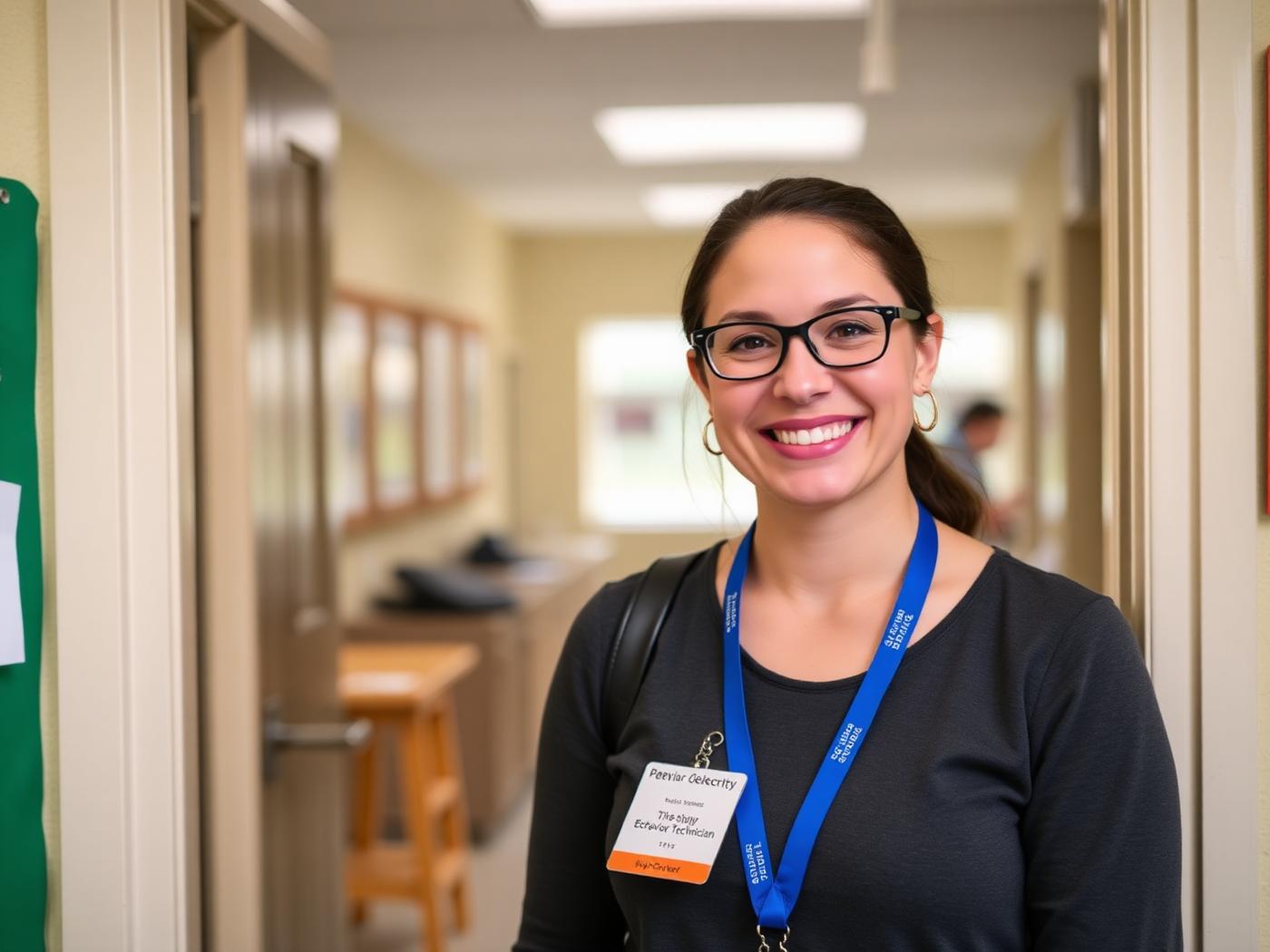 A school support professional smiling in a classroom doorway